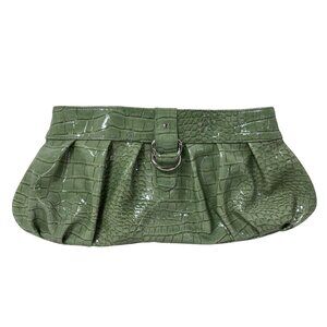 Vtg Green Faux Croc EmbossedClutch Wristlet Purse Silver Accent Inner Zip Pocket